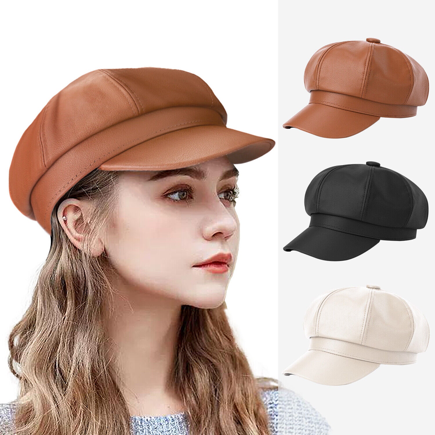 Classy Faux Leather Solid Color Painter Octagonal Hat, Orange