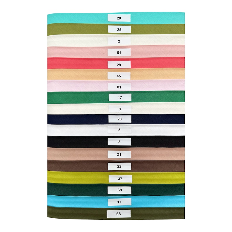 May include: A collection of 16 fabric swatches in various colors, including turquoise, olive green, white, pink, red, beige, light pink, green, ivory, navy blue, black, brown, tan, yellow, blue, and dark green. Each swatch has a number printed on it, ranging from 2 to 81.