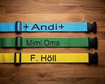 Personalized luggage strap embroidered with name and text. Eye-catching travel luggage strap. Individually adjustable. Gift idea for holidays & weddings.