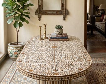 Handmade Bone Inlay Oval Dining Table – Floral Pattern Inlay Furniture – Mid-Century Modern Pedestal Table with Rounded Base – Unique Luxury