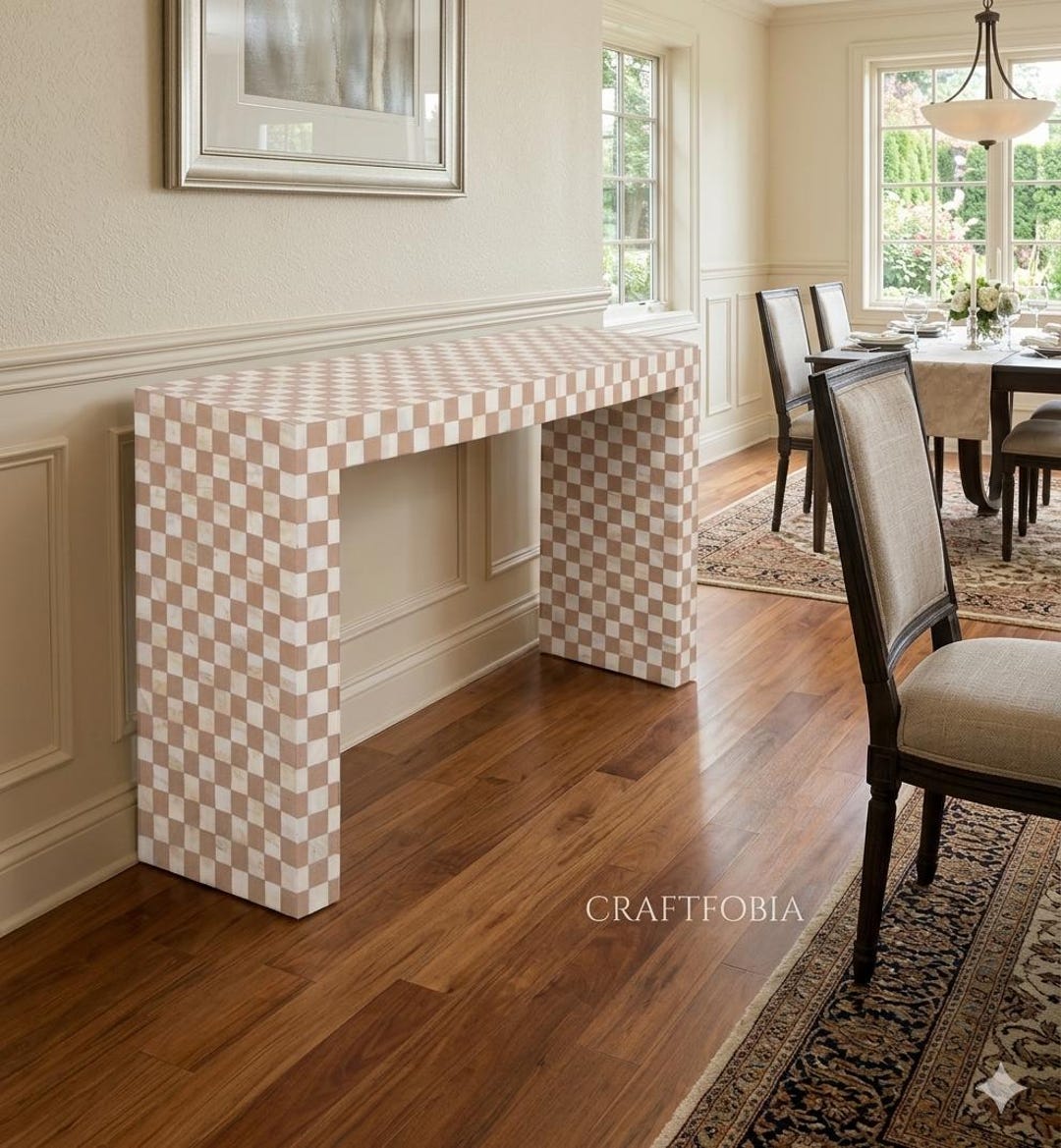 Handmade Checkered Bone Inlay Console Table – Moroccan U-shaped ...