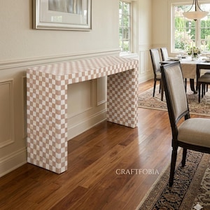 Handmade Checkered Bone Inlay Console Table - Luxury Moroccan U-Shaped Entryway Table - Modern Geometric Bone Inlay Desk
