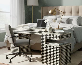 Handmade Bone Inlay C-Side Table - Checkered Pattern End Table - Luxury Moroccan Style Accent Furniture - Minimalist Geometric Nightstand