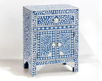 Bone Inlay Bedside Nightstand – Elegant handmade bedside Table for Luxury Bedroom Décor