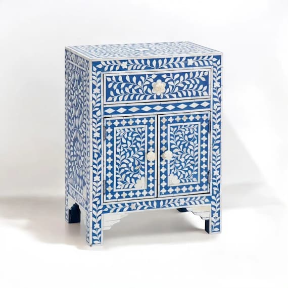Bone Inlay Bedside Nightstand – Elegant handmade bedside Table for Luxury Bedroom Décor