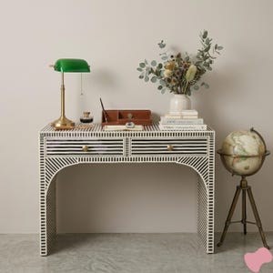 Striped Bone Inlay Console Table - Black and White Bone Inlay Desk with 2 Drawers - Modern Entryway Table - Geometric Optical Art Furniture