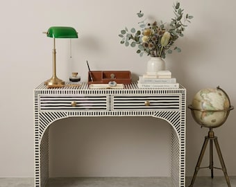 Striped Bone Inlay Console Table - Black and White Bone Inlay Desk with 2 Drawers - Modern Entryway Table - Geometric Optical Art Furniture