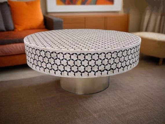 Handmade Bone Inlay Round Coffee Table: Targua Boho Decor