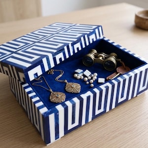 Blue Bone Inlay Jewelry Box - Large Rectangular Keepsake Box with Geometric Greek Key Design - Luxury Decorative Trinket Box for Dresser