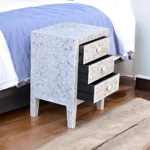 Handmade Mother of Pearl Inlay Bedside Elegant Nightstand Table Luxury Bedroom Furniture Craftfobia Home Decor Unique Handcrafted Side Table