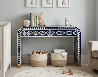 Ethically Sourced Blue Bone Inlay Waterfall Console Table | Handcrafted 2-Drawer Entryway Desk | Artisanal Floral Foyer Furniture