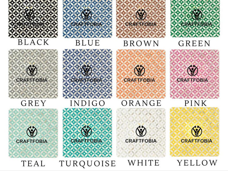 May include: A chart of 12 different colored squares with a geometric pattern. Each square has the word "CRAFTFOBIA" in white text and the color name in black text below the square.