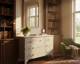 Artisanal Mother of Pearl Inlay 7-Drawer Dresser – Handcrafted Floral Motif Chest