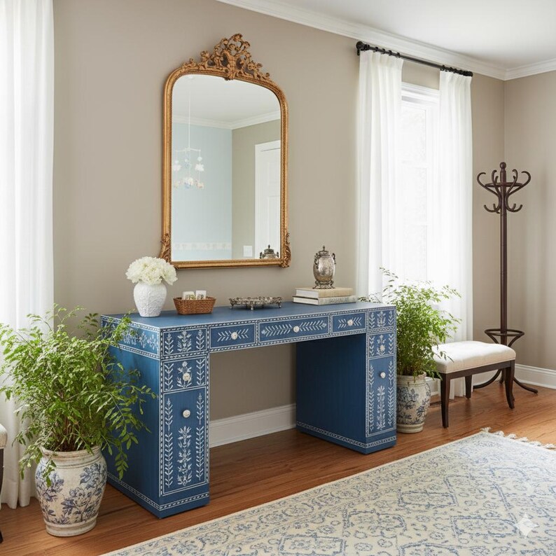 Handmade Blue Bone Inlay Desk | Bohemian Entryway Console Table - Etsy