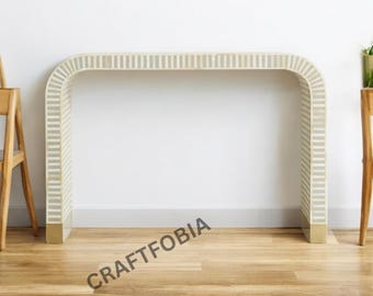 Handgemaakte consoletafel met beeninleg – modern houten bureau met patroon, halconsole, studeertafel