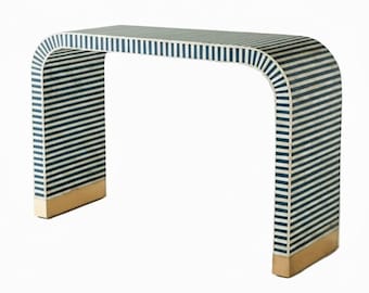 Handcrafted Bone Inlay Console Table: Striped Waterfall Design