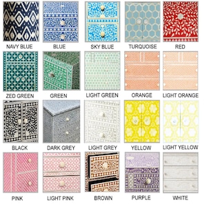 May include: A grid of twenty square images displaying various furniture pieces with intricate bone inlay patterns in colors including navy blue, blue, sky blue, turquoise, red, green, orange, yellow, pink, purple, brown, white, and shades of grey.