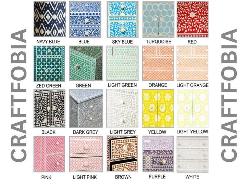 May include: A grid of twenty square images displaying various furniture pieces with intricate bone inlay patterns in colors including navy blue, blue, sky blue, turquoise, red, green, orange, yellow, pink, purple, brown, white, and shades of grey.