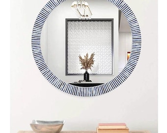 Espelho redondo feito à mão com incrustações de osso azul: decoração de parede boho chique
