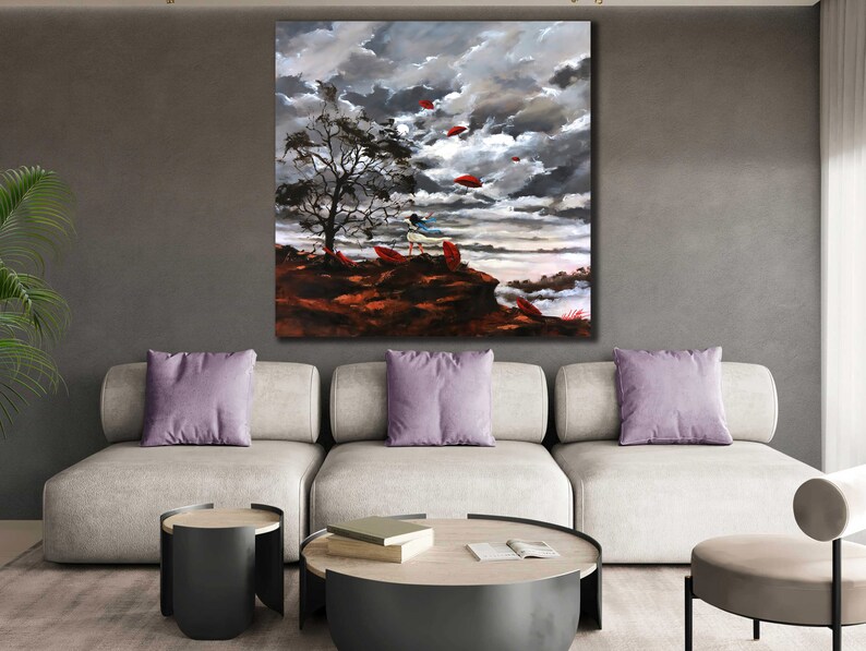 Red Umbrella Canvas Painting, Girl With Umbrella Print Art, Canvas Wall