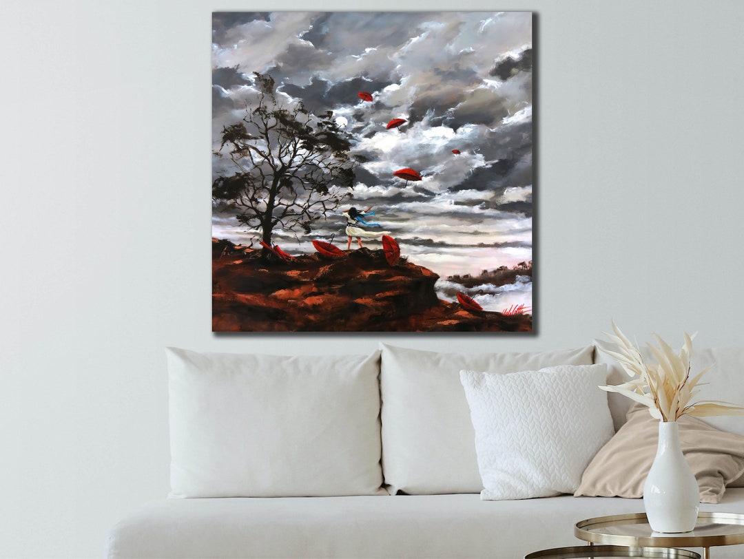 Red Umbrella Canvas Painting, Girl With Umbrella Print Art, Canvas Wall