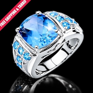 Ring met AAA blauwe topaas in kussenslijping, 925 sterling zilveren vintage herenring, ideaal als jubileumcadeau.