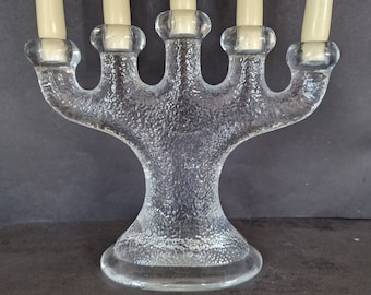 Candelabro enorme de cristal de 5 brazos Nybro Suecia, diseño de Paul Isling