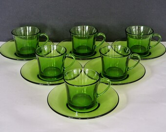 Vintage French green Duralex Set of 6 espresso cups and saucers for espresso/coffee/tea