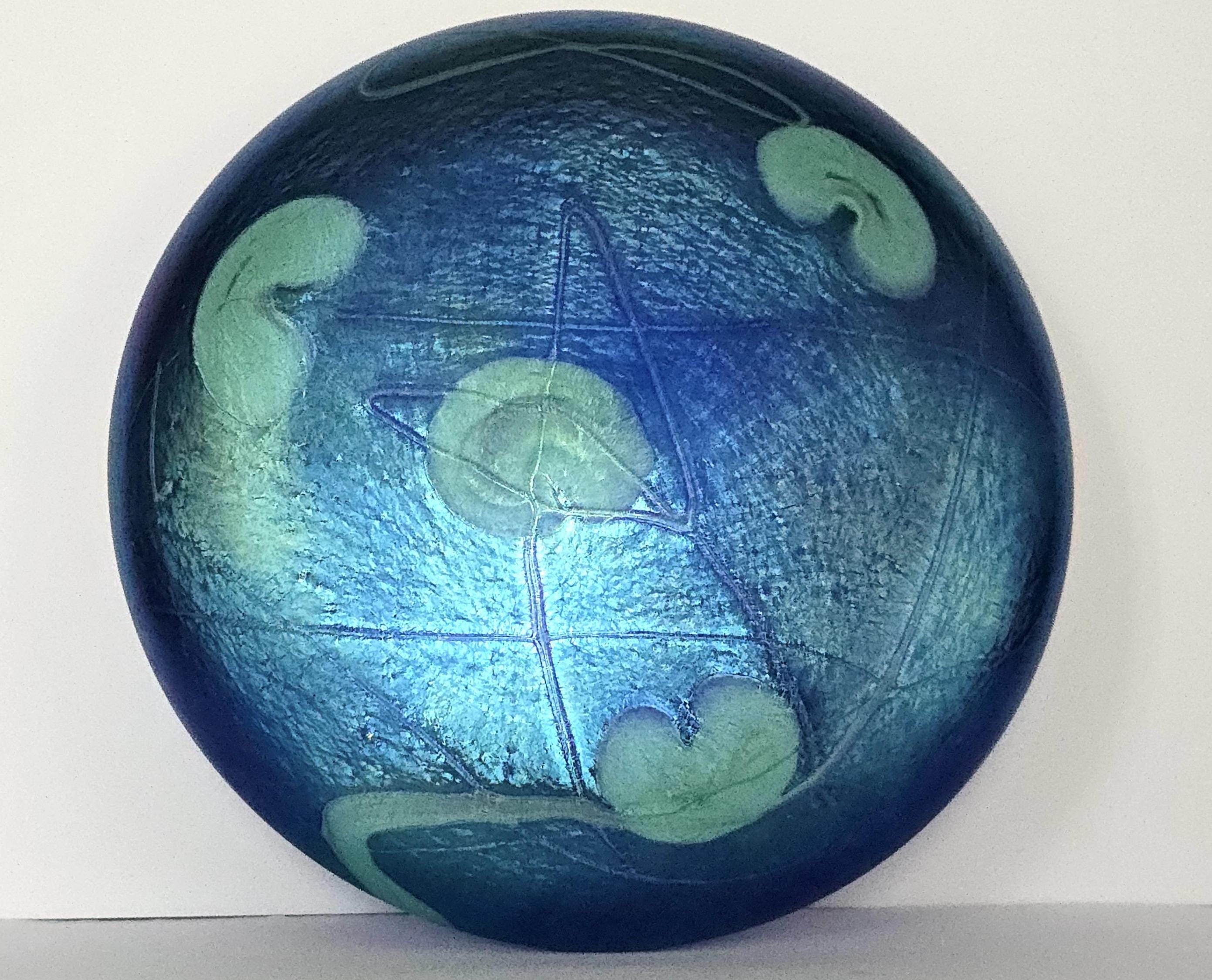 XL Heron Glass blue 'Lilypad' iridescent discus paperweight