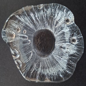 Puede incluir: Un plato de vidrio transparente con una superficie texturizada y ondulada. El plato tiene un centro circular y una forma irregular y orgánica.