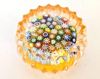 Peter McDougall millefiori small paperweight, ribbed with orange ground