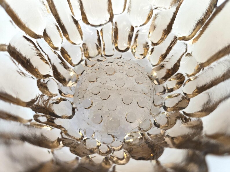 May include: A clear glass bowl with a textured, bubbled surface. The bowl has a unique, organic design with a raised center.