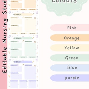 Puede incluir: Cartas de estudio de enfermería imprimibles con un diseño colorido. Las tarjetas están divididas en secciones para la definición, los signos y síntomas, la etiología, la anatomie y los medicamentos de una enfermedad. Las tarjetas están disponibles en seis colores: rosa, naranja, amarillo, verde, azul y morado.