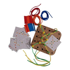 May include: A wooden lacing board with a square shape, featuring a series of holes and colorful laces. The set includes small cards with dot patterns, along with red, orange, and blue lacing cords and orange and blue pegs. A fun educational toy.