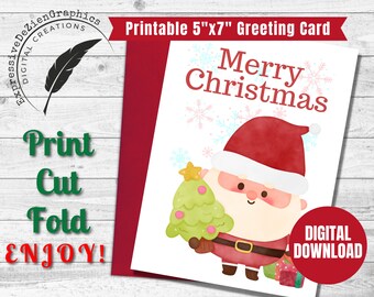 Digital Printable Christmas Holiday Card Merry Christmas Santa and Christmas Tree, Holiday Card Digital 5x7 Card