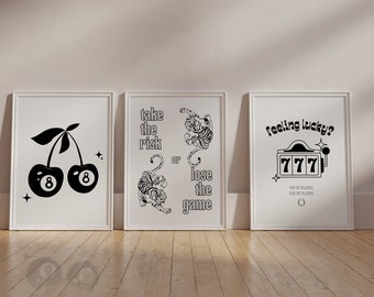 Set of 3 Retro Aesthetic Poster, Trendy Wall Art, Lucky you Prints, Y2K, Funky Wall Art, Car Cart, Casino, B&W, 70s Style, Digital Download