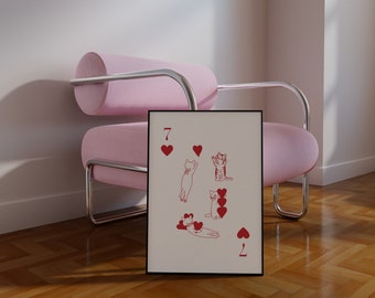 Red | 7 of Hearts with Cats, Pinterest inspired Retro Wall Art, Cute Poster, Aesthetic Wall Decor, Playing Card, Funky, Digital Download