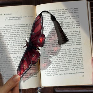 May include: A bookmark featuring a detailed illustration of a moth with dark red wings and intricate patterns, accented with a black tassel. The bookmark is placed on an open book.