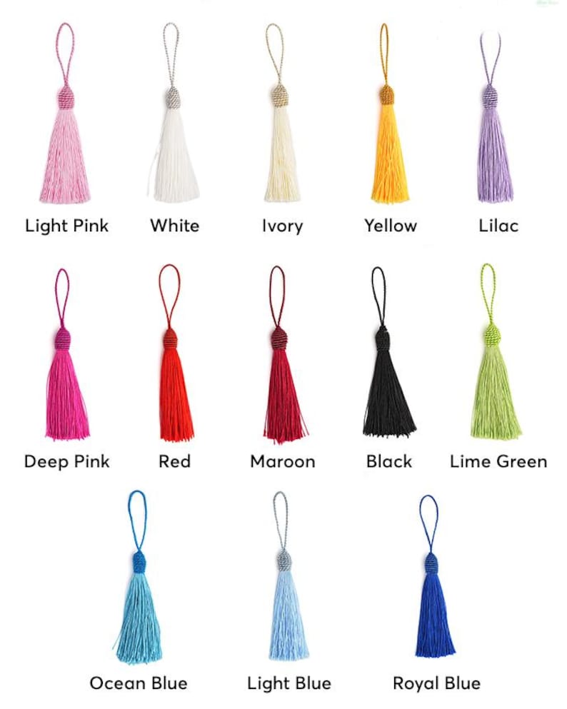 May include: A collection of colorful tassels in various shades, including light pink, white, ivory, yellow, and lilac. Other colors are deep pink, red, maroon, black, lime green, ocean blue, light blue, and royal blue. Each tassel has a loop and a decorative bead.
