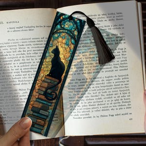 May include: A bookmark with a black cat silhouette on a stack of books, set against a stained-glass style design. It has a black tassel and is placed in an open book, with text visible.