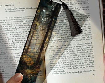 Serene Sunrise Forest Stained Glass Bookmark, Morning Forest Page Marker, Tranquil Sunrise acrylic art,Unique Custom Personalized Decor Gift