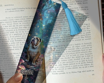 Personalized English Bulldog in Forest Stained Glass Bookmark, Unique Stained Glass Decor,Custom Acrylic Bookmark Gift Bookworm Friends
