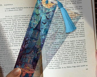 Marcapáginas de vidrieras de cementerio gótico, marcapáginas de cementerio embrujado, arte acrílico de cementerio espeluznante, regalo de decoración personalizado único