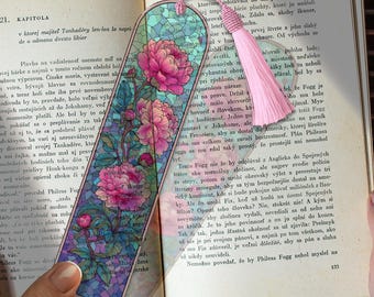 Pink Peonies Stained Glass Bookmark – Personalized Custom Bookmark PNG | Handmade Floral Gift | Elegant Flower Page Marker for Book Lovers