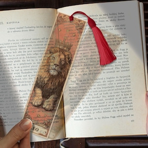 Può includere: Un segnalibro con un'illustrazione di leone e un nappa rossa, posto in un libro. Il design del segnalibro ha un'estetica vintage. La parola "LEO" è visibile.