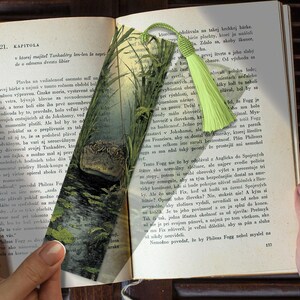 Pode incluir: Marcador retangular com uma ilustração de um jacaré em um pântano. Possui um borla verde e está colocado em um livro aberto.