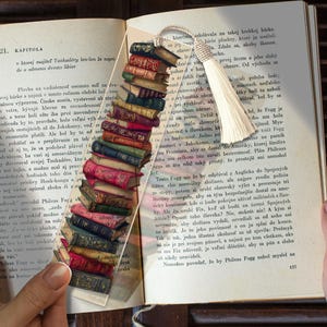 Può includere: Un segnalibro rettangolare e traslucido che presenta una pila verticale di libri colorati in stile vintage con dorsi dettagliati. Il segnalibro è sormontato da una nappa decorativa color crema fissata da un cordoncino intrecciato, appoggiato su un libro aperto.