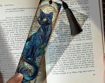 Black Cat Stained Glass Bookmark – Custom Handmade Bookmark PNG | Personalized Witchy Gift | Magical Feline Page Marker for Book Lovers