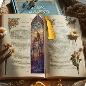 May include: An open book with a decorative bookmark featuring a castle design and a yellow tassel. A second book with the words "CLASSIC LITERATURE" is visible in the background. Dried flowers and a daisy are placed around the book.