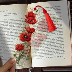 Puede incluir: Un marcapáginas rectangular y transparente con una ilustración botánica de vibrantes amapolas rojas con tallos y hojas verdes. El marcapáginas está rematado con una borla decorativa de color rojo brillante sujeta a través de un pequeño orificio.